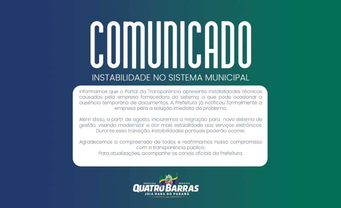 COMUNICADO OFICIAL - Instabilidade no Sistema Municipal