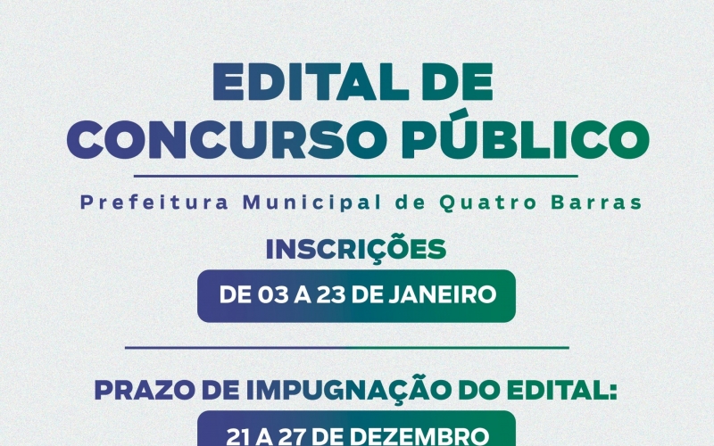 Prefeitura de Quatro Barras abre Concurso Público para preenchimento de vagas em 29 cargos 